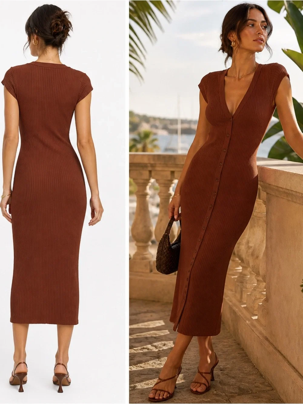 Reformation Chocolate Brown Ribbed Button-Front Midi Dress - Picture 11 of 11